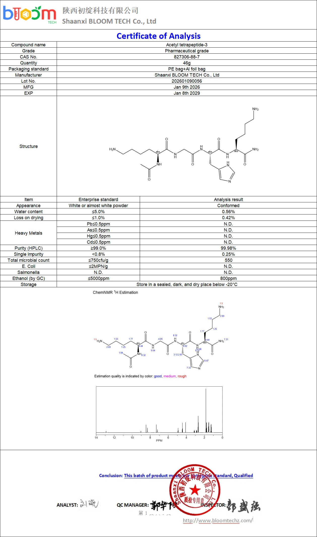 Acetyl tetrapeptide-3 COA | Shaanxi BLOOM Tech Co., Ltd Acetyl tetrapeptide-3 COA | Shaanxi BLOOM Tech Co., Ltd